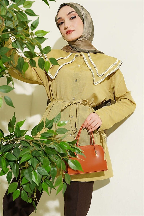 Stone Buttoned Double Sailor Collar Shirt, Olive Green