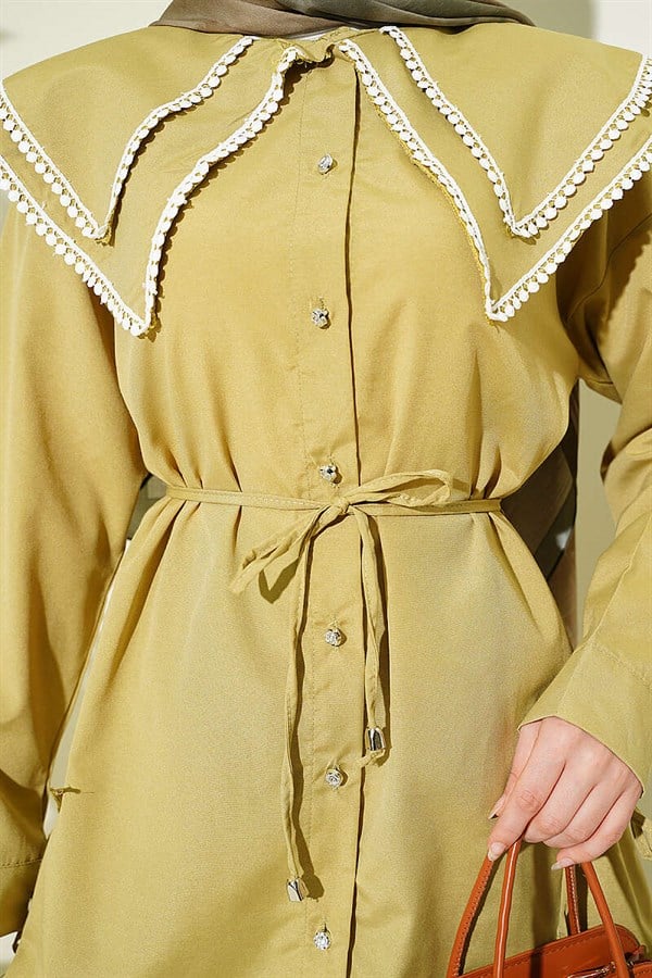 Stone Buttoned Double Sailor Collar Shirt, Olive Green
