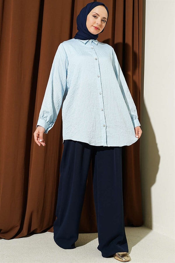 Stone Buttoned Sequin Shirt with Line Stitching, Ice Blue