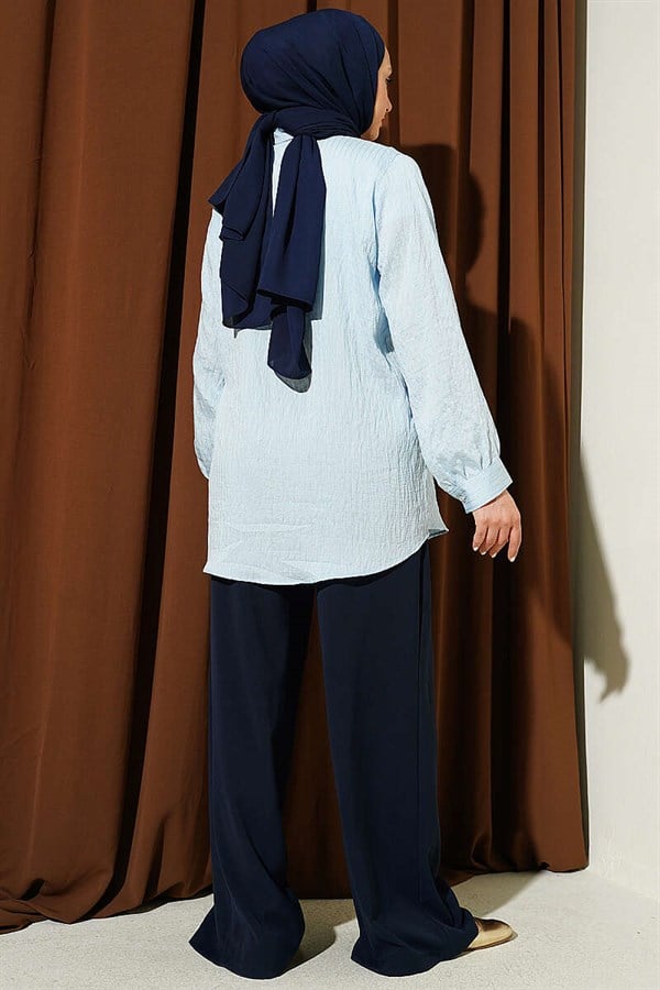 Stone Buttoned Sequin Shirt with Line Stitching, Ice Blue