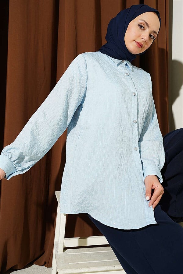 Stone Buttoned Sequin Shirt with Line Stitching, Ice Blue