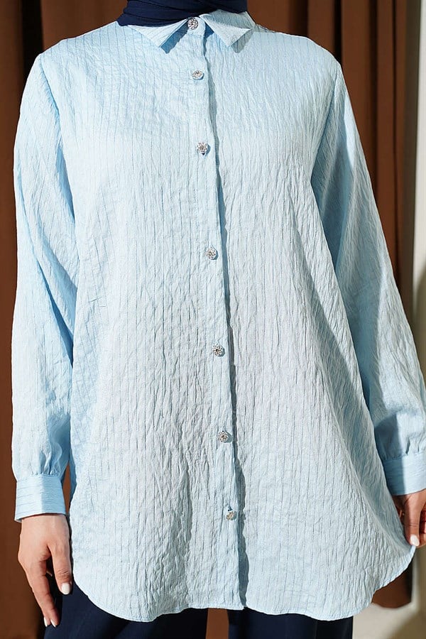 Stone Buttoned Sequin Shirt with Line Stitching, Ice Blue
