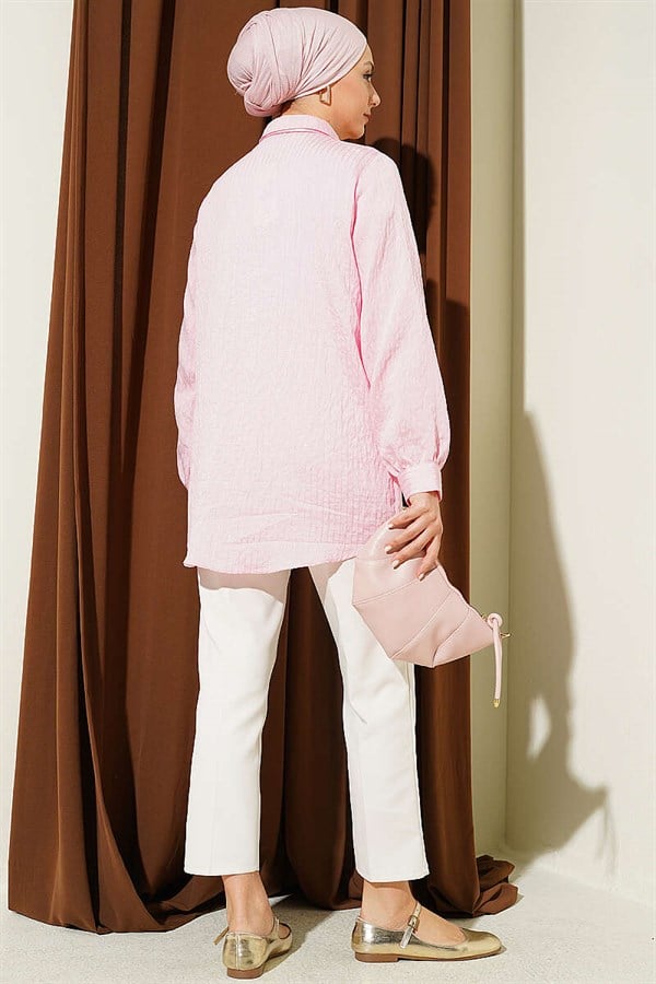 Pink Sequin Shirt with Stone Buttons and Striped Stitching