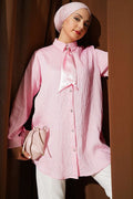 Pink Sequin Shirt with Stone Buttons and Striped Stitching