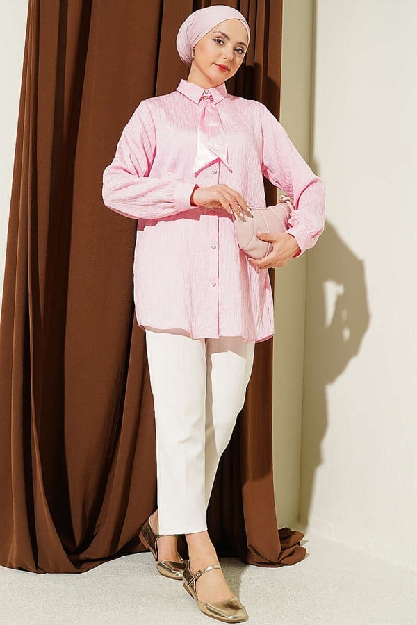 Pink Sequin Shirt with Stone Buttons and Striped Stitching
