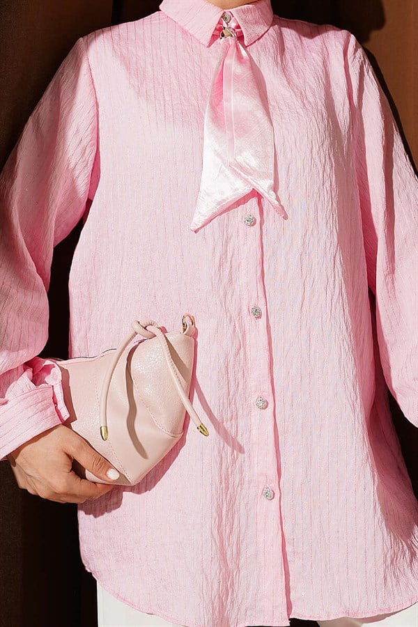 Pink Sequin Shirt with Stone Buttons and Striped Stitching