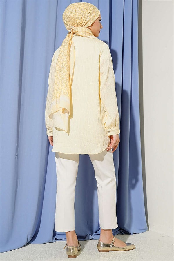 Stone Buttoned Sequin Shirt with Striped Stitching, Yellow