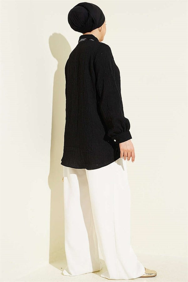Stone Buttoned Line Stitched Sequin Shirt Black