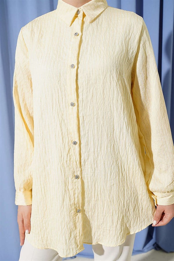 Stone Buttoned Sequin Shirt with Striped Stitching, Yellow