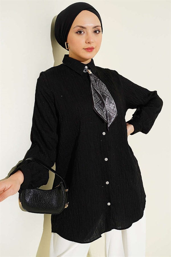 Stone Buttoned Line Stitched Sequin Shirt Black