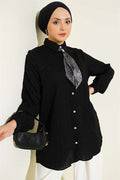 Stone Buttoned Line Stitched Sequin Shirt Black