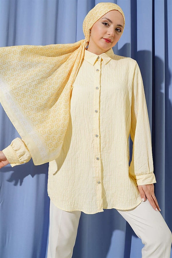 Stone Buttoned Sequin Shirt with Striped Stitching, Yellow