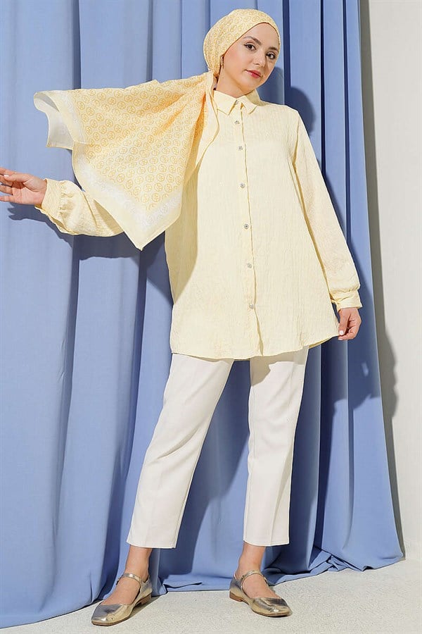 Stone Buttoned Sequin Shirt with Striped Stitching, Yellow