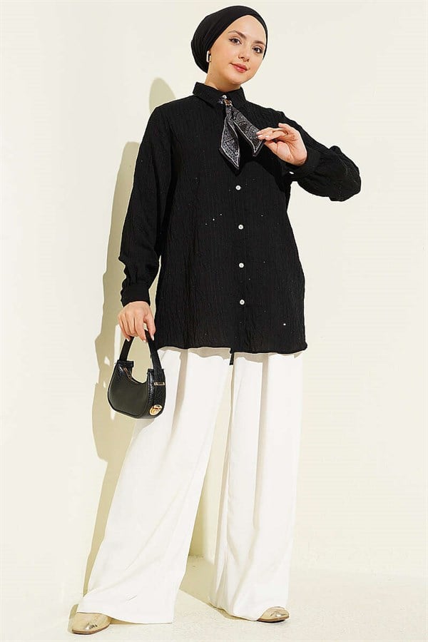 Stone Buttoned Line Stitched Sequin Shirt Black