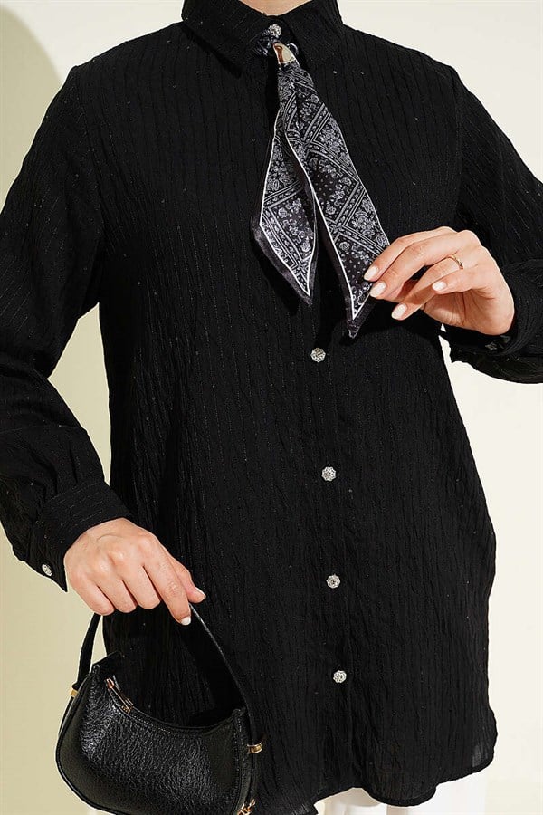 Stone Buttoned Line Stitched Sequin Shirt Black