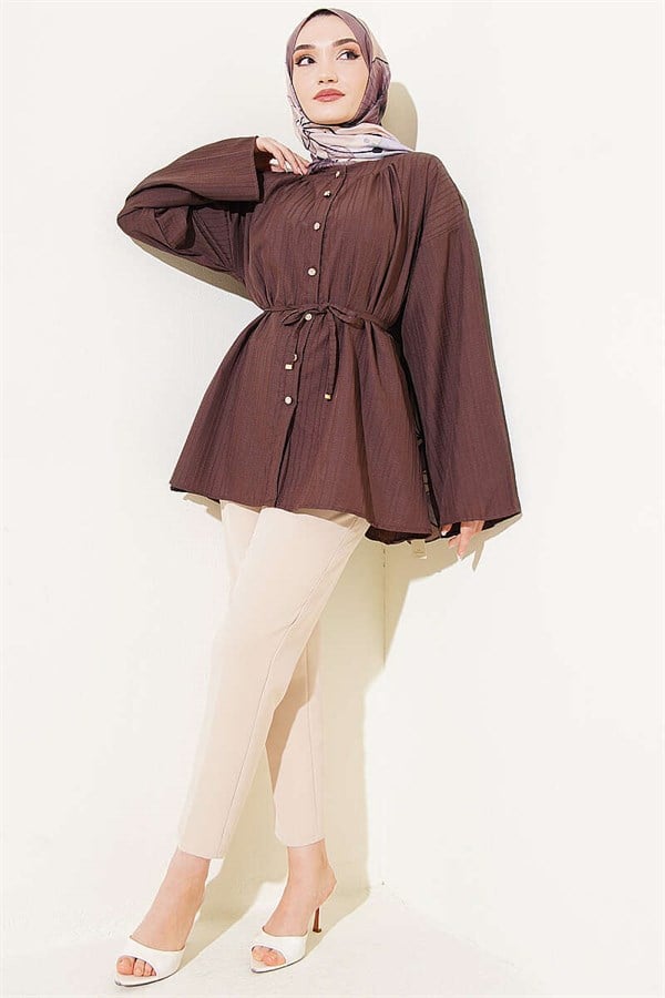 Stone Button Embossed Striped Shirt, Brown