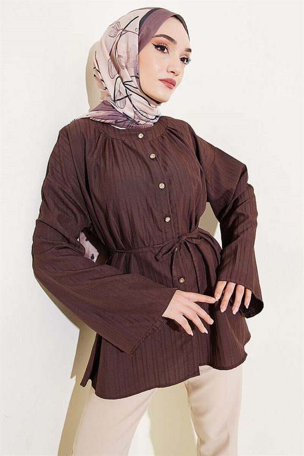 Stone Button Embossed Striped Shirt, Brown