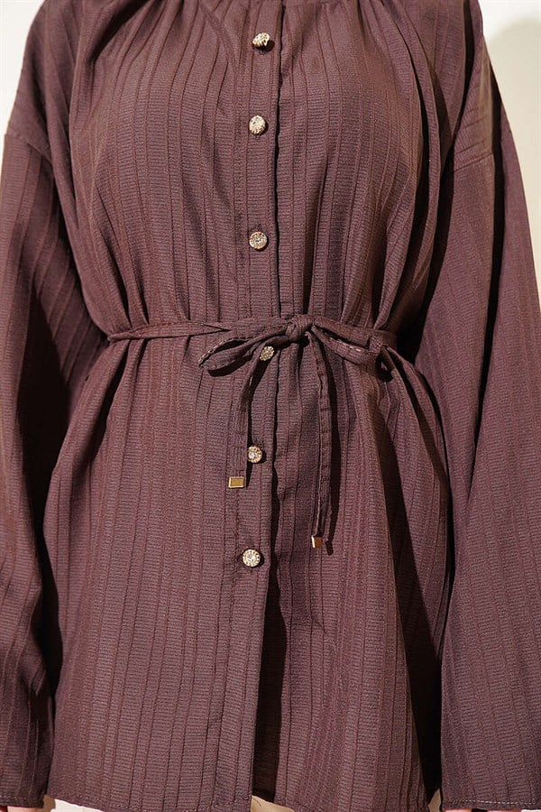 Stone Button Embossed Striped Shirt, Brown