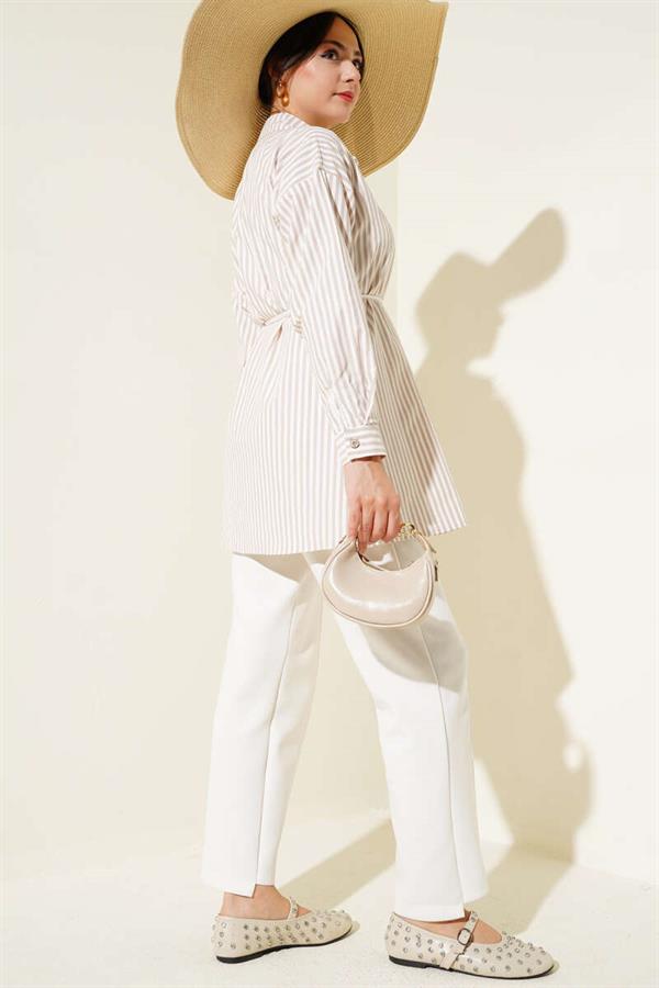 Stone Buttoned Striped Rope Belted Shirt Latte