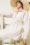 Stone Buttoned Striped Rope Belted Shirt Latte