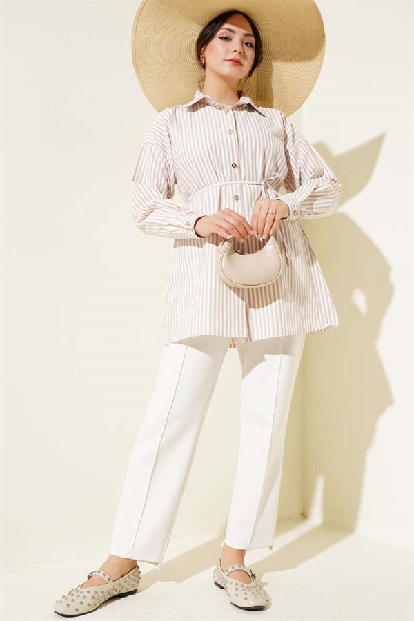Stone Buttoned Striped Rope Belted Shirt Latte