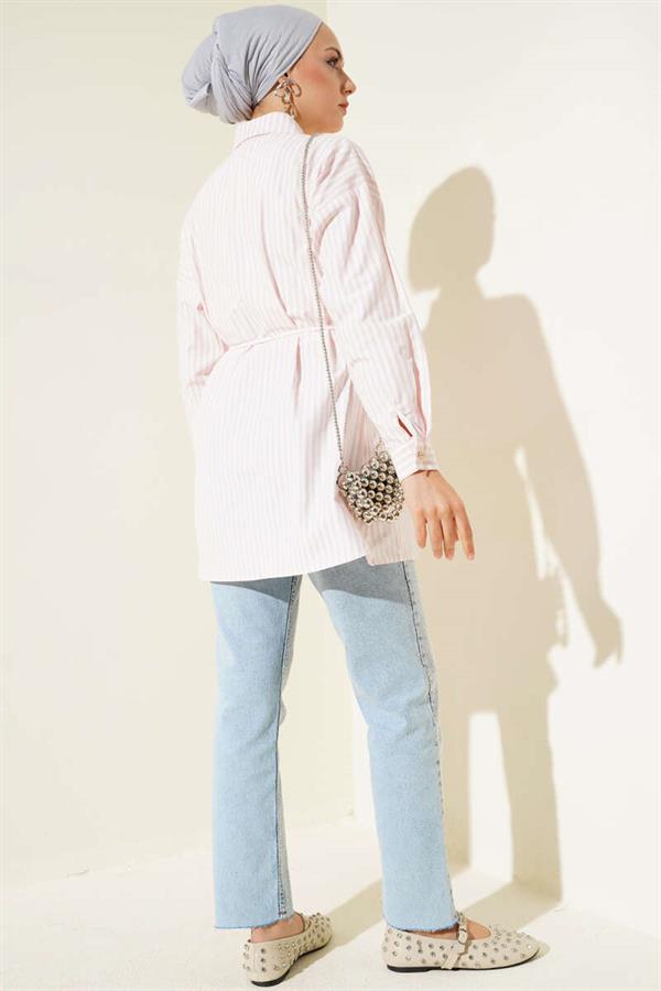 Stone Buttoned Striped Rope Belted Shirt Pink