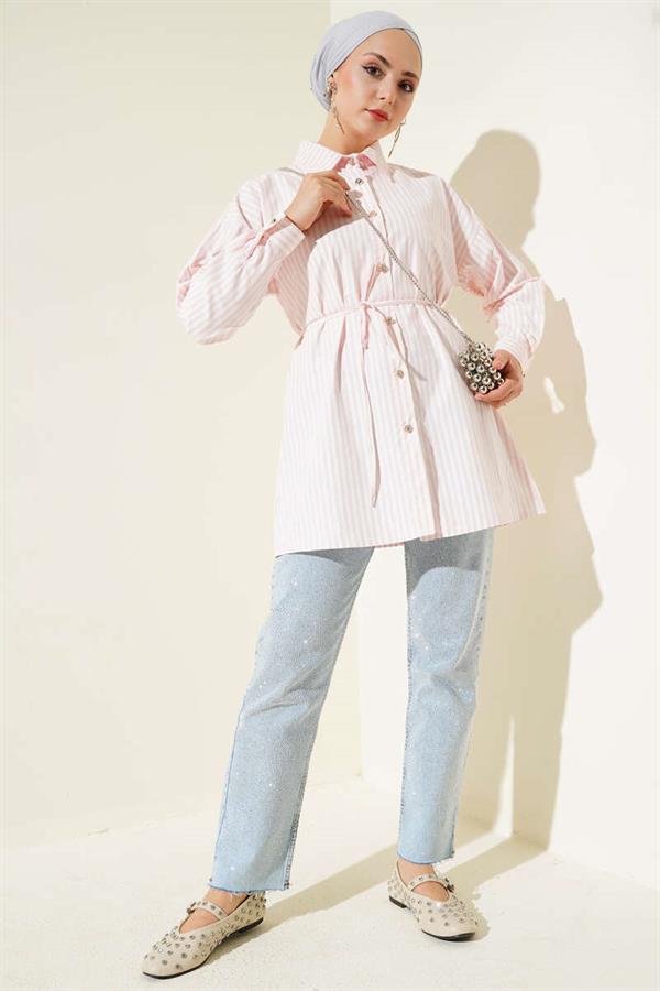 Stone Buttoned Striped Rope Belted Shirt Pink