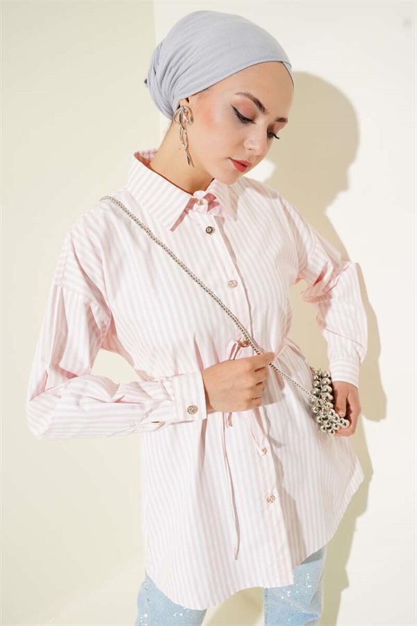 Stone Buttoned Striped Rope Belted Shirt Pink
