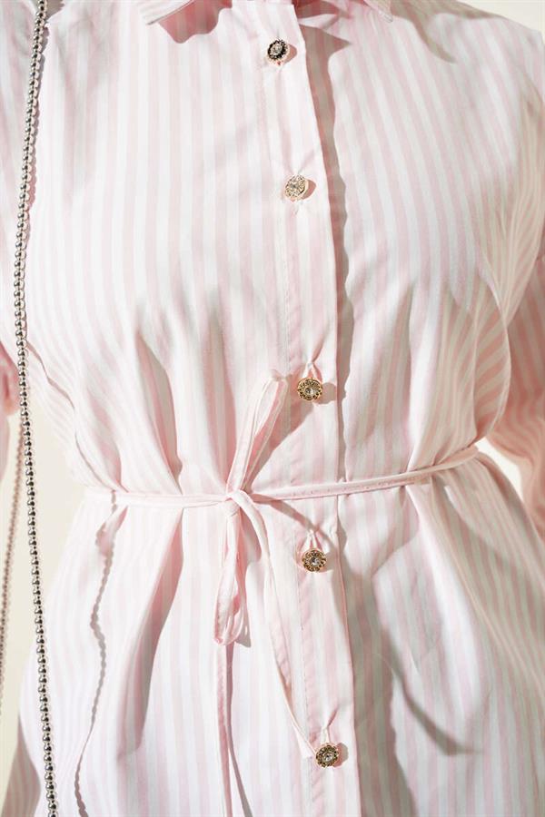 Stone Buttoned Striped Rope Belted Shirt Pink
