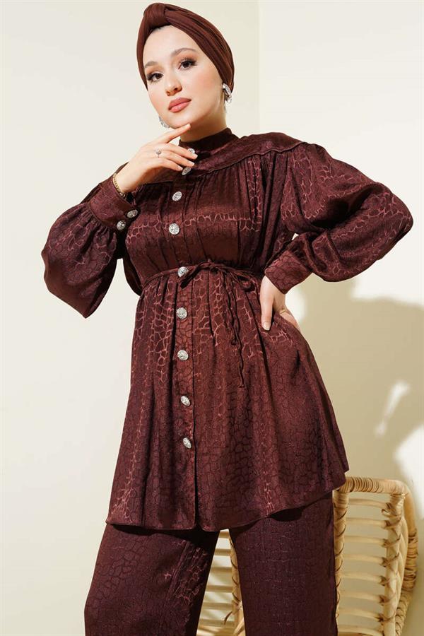 Stone Buttoned Patterned Jacquard 2 Piece Set Brown