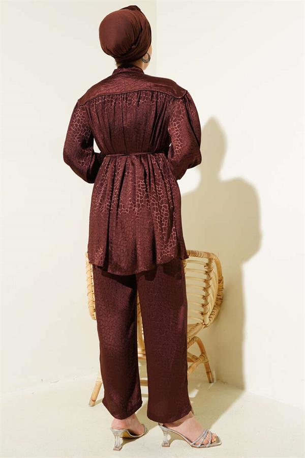 Stone Buttoned Patterned Jacquard 2 Piece Set Brown