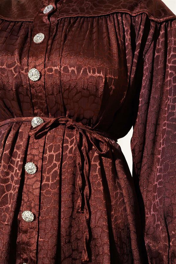 Stone Buttoned Patterned Jacquard 2 Piece Set Brown