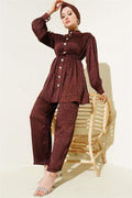 Stone Buttoned Patterned Jacquard 2 Piece Set Brown