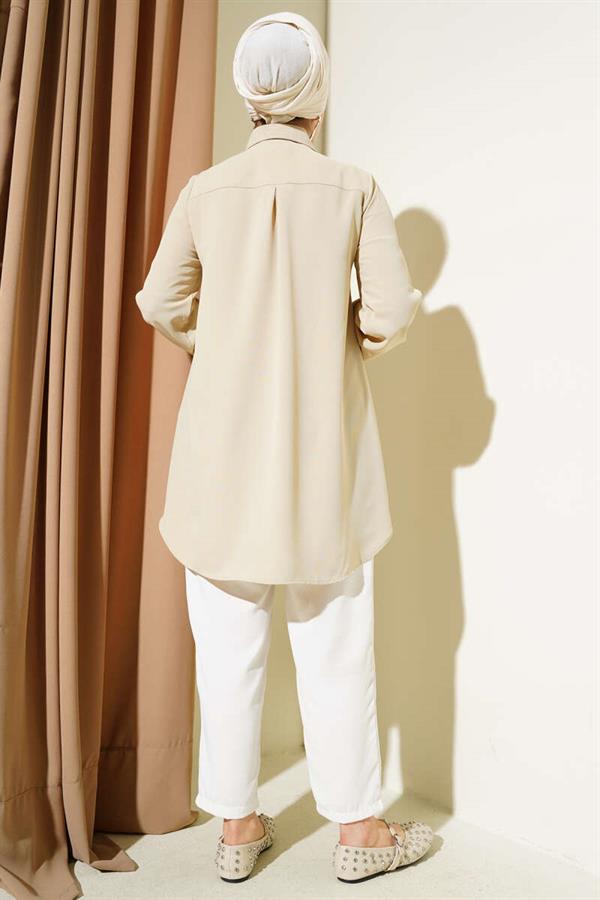 Stone Buttoned Ruffle Shirt Beige