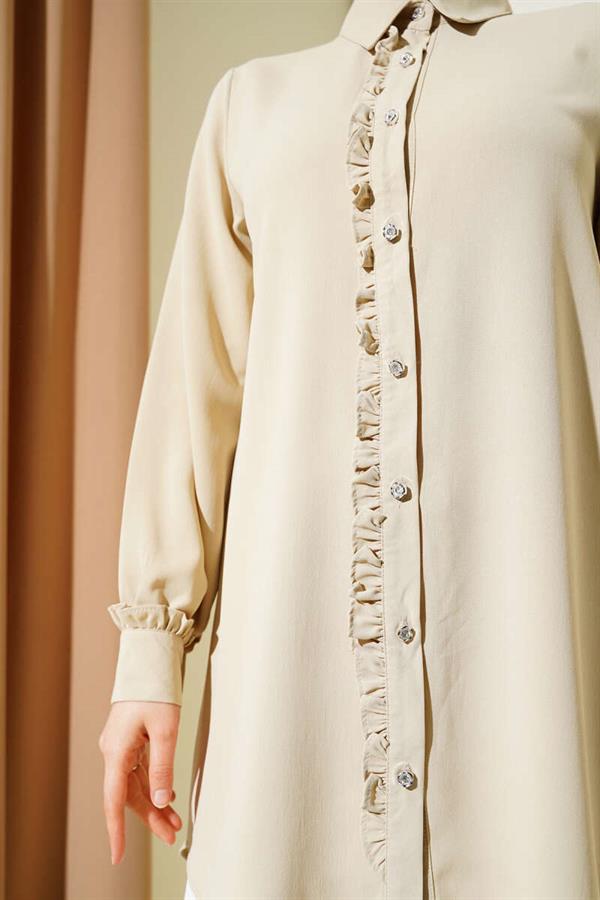 Stone Buttoned Ruffle Shirt Beige