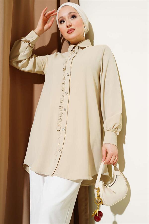 Stone Buttoned Ruffle Shirt Beige