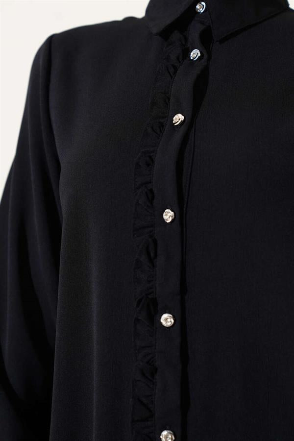 Stone Buttoned Ruffle Shirt Black