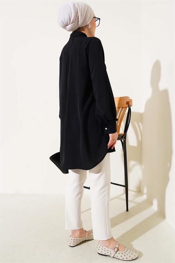 Stone Buttoned Ruffle Shirt Black