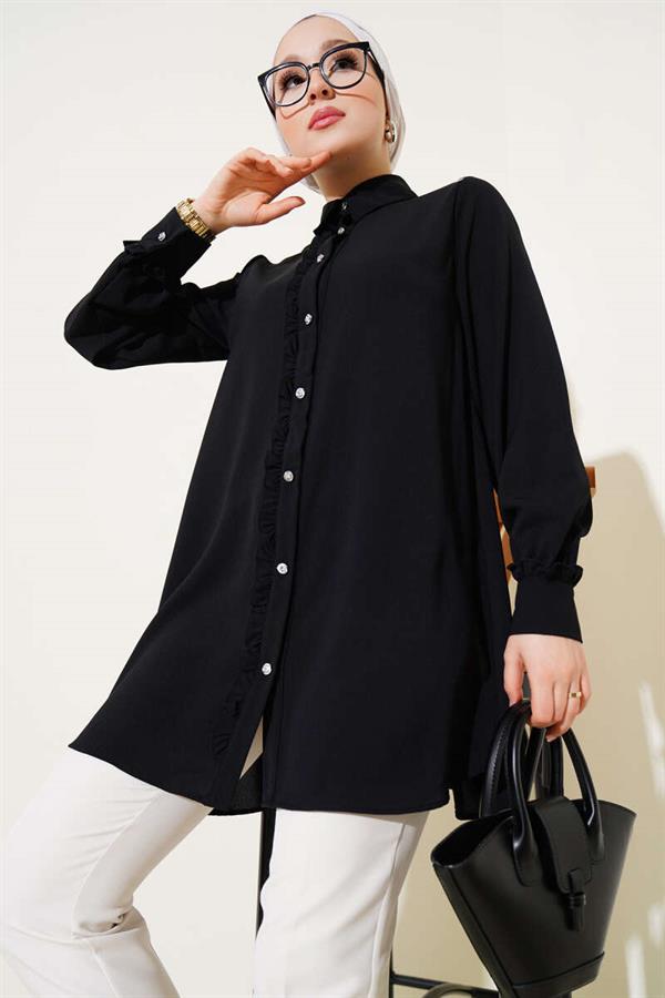 Stone Buttoned Ruffle Shirt Black