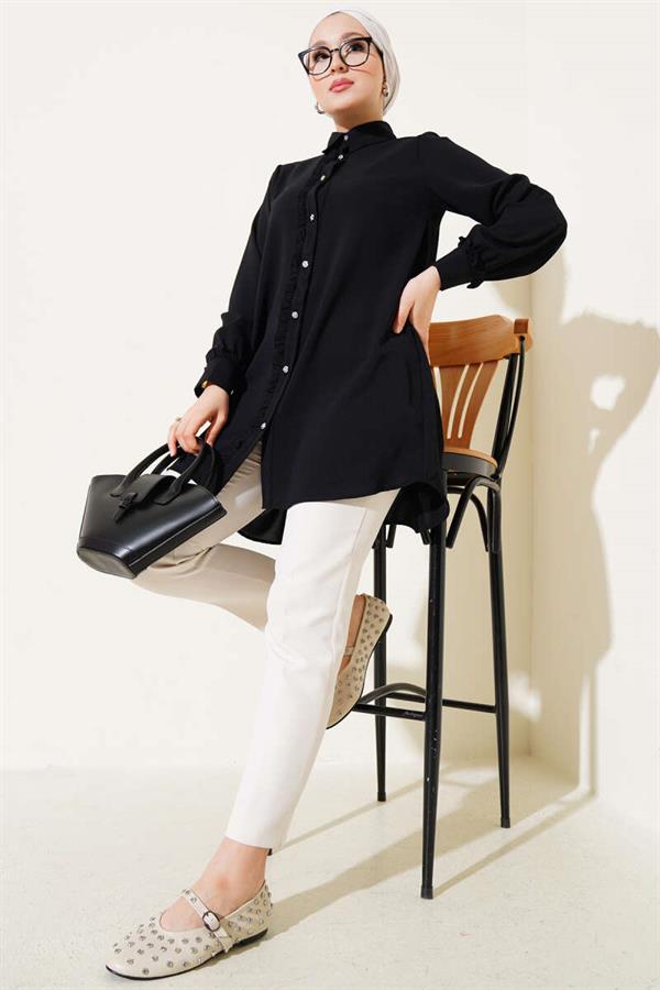 Stone Buttoned Ruffle Shirt Black