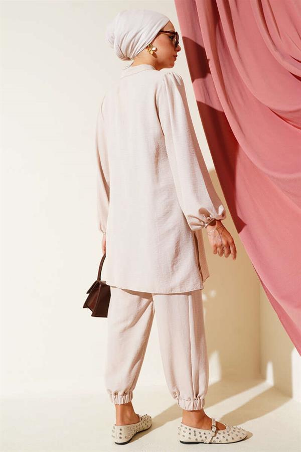 Stone Buttoned 2 Piece Set Beige