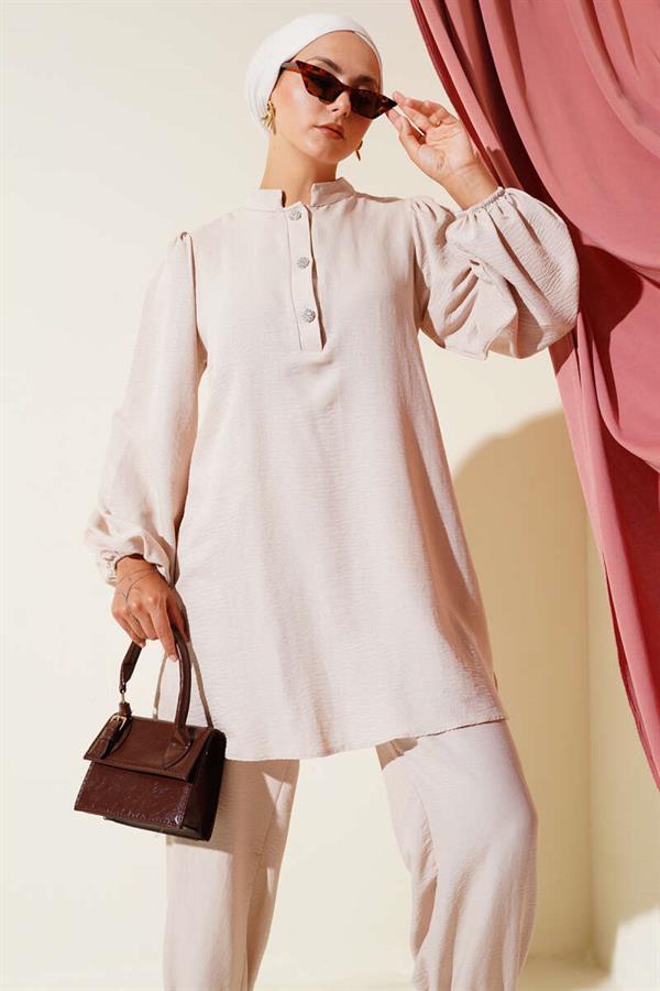 Stone Buttoned 2 Piece Set Beige