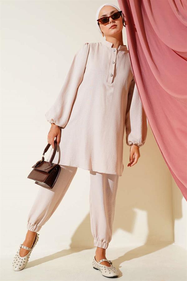 Stone Buttoned 2 Piece Set Beige