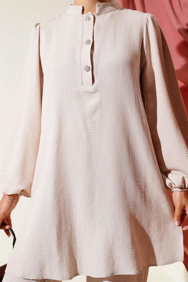 Stone Buttoned 2 Piece Set Beige