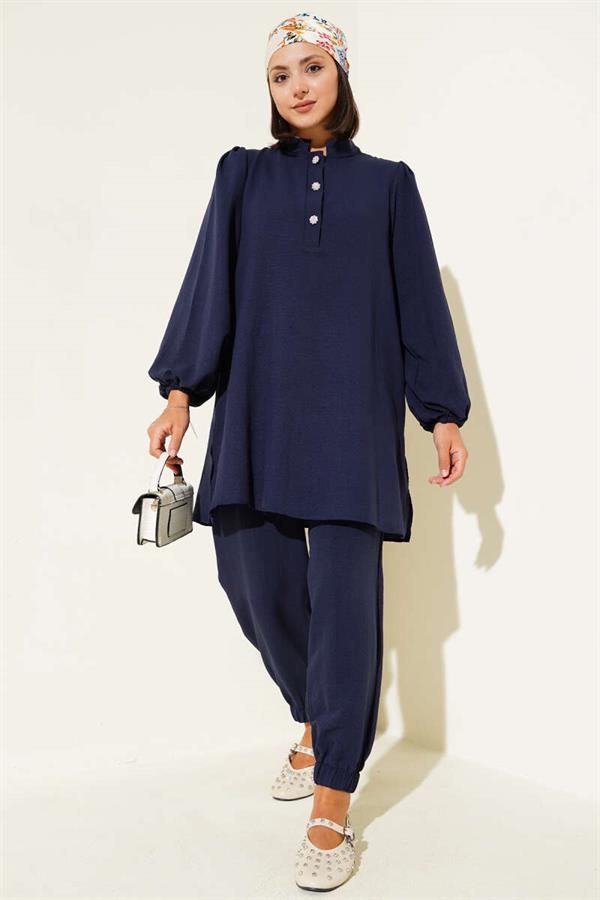 Stone Buttoned 2 Piece Set Navy Blue