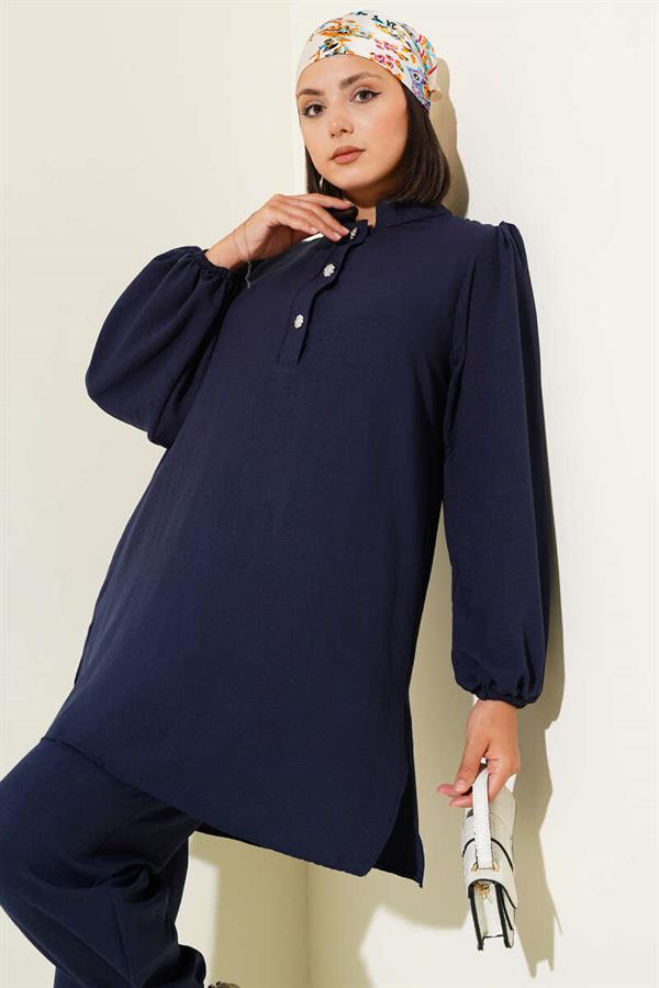 Stone Buttoned 2 Piece Set Navy Blue