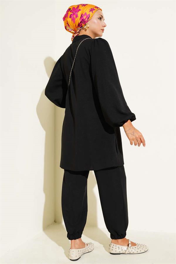 Stone Buttoned 2 Piece Set Black