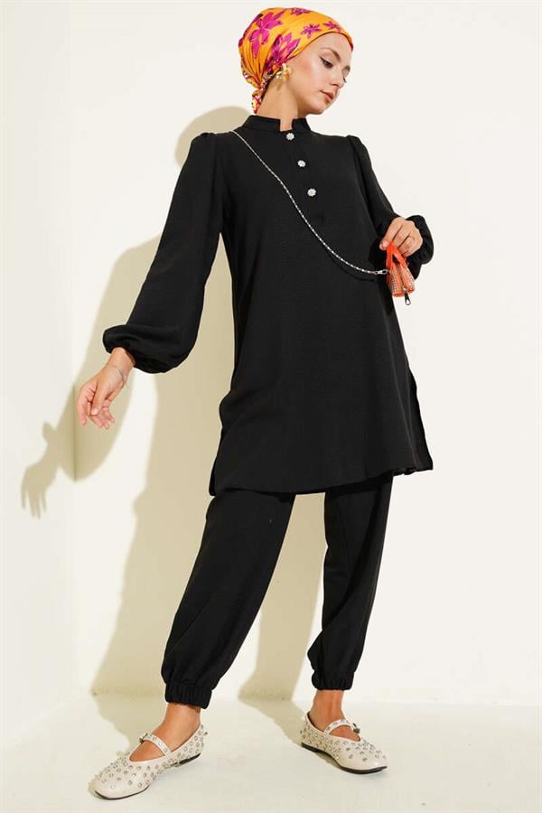 Stone Buttoned 2 Piece Set Black