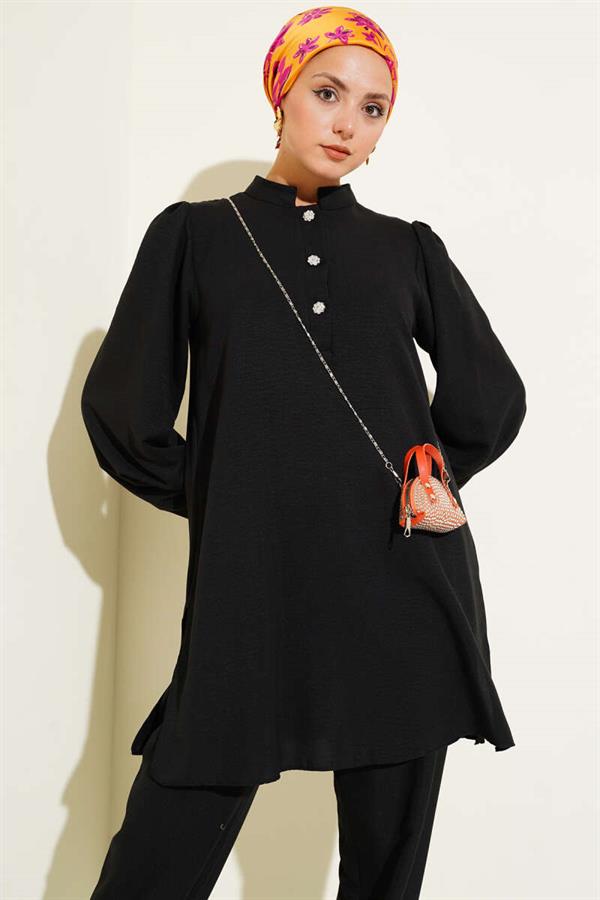 Stone Buttoned 2 Piece Set Black