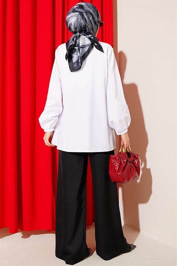 Stone Buttoned Drawstring Shirt White
